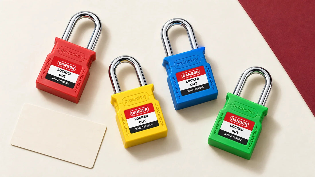 Editorial illustration of red, yellow, blue and green PROLOCKEY safety padlocks arranged beside a blank specification card