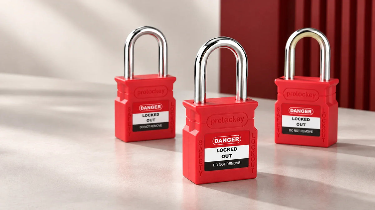 Editorial illustration of three red PROLOCKEY safety padlocks for a key-control selection guide