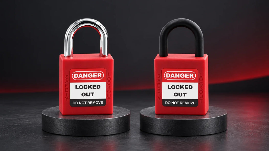 Editorial illustration comparing red safety padlocks with a chrome steel shackle and a black nylon shackle