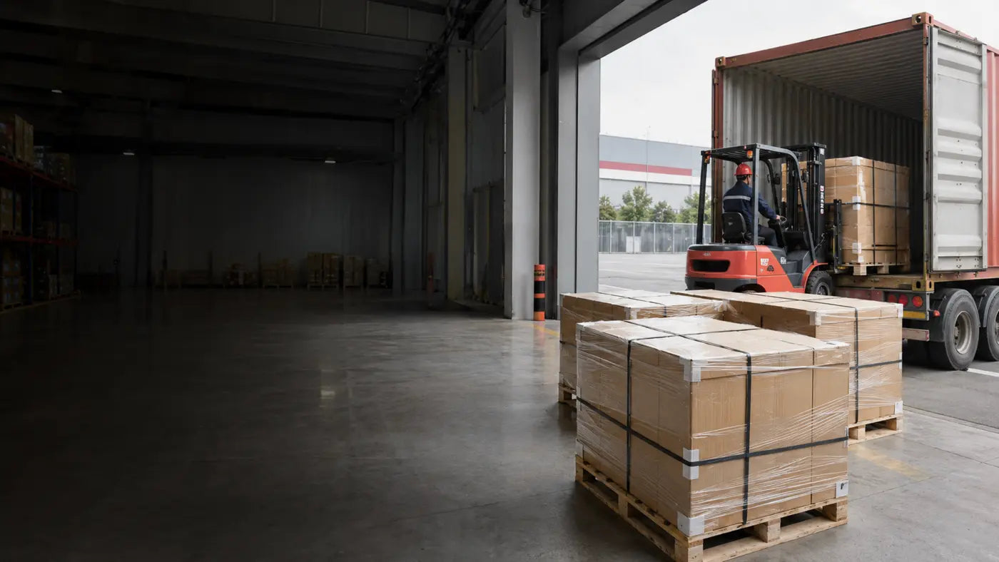 Forklift loading packed cartons into an export shipping container