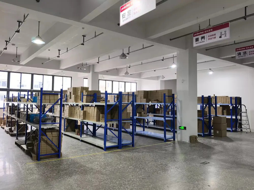 Factory storage area with product cartons and racking
