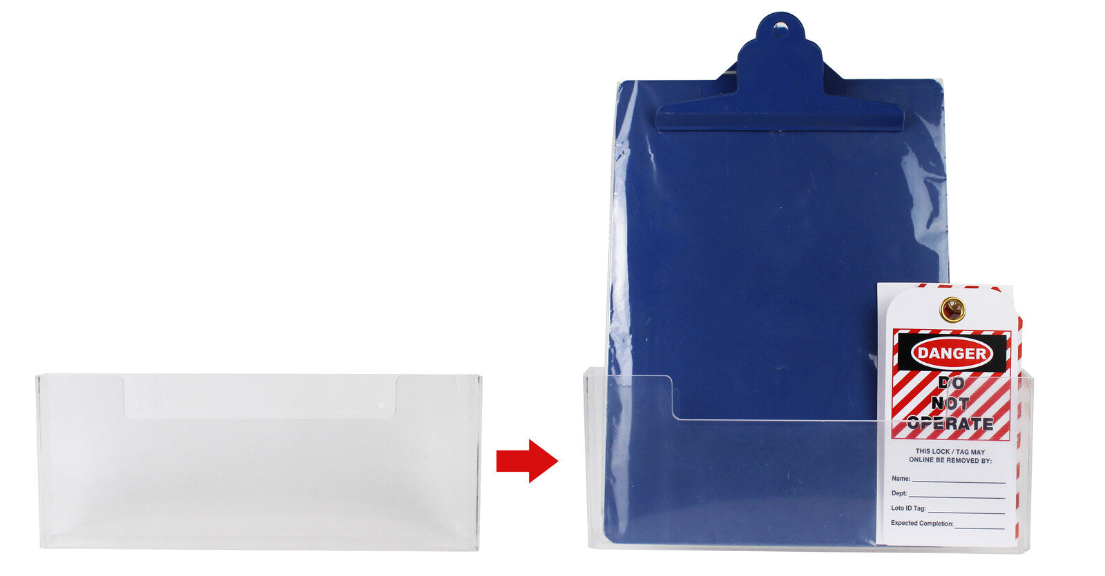 Lockout station board with document holder clipboard and safety tag pocket
