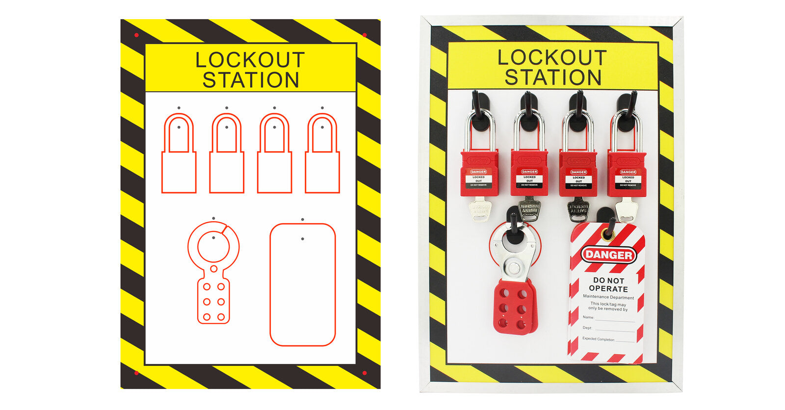 Custom lockout station board shown empty and fully equipped