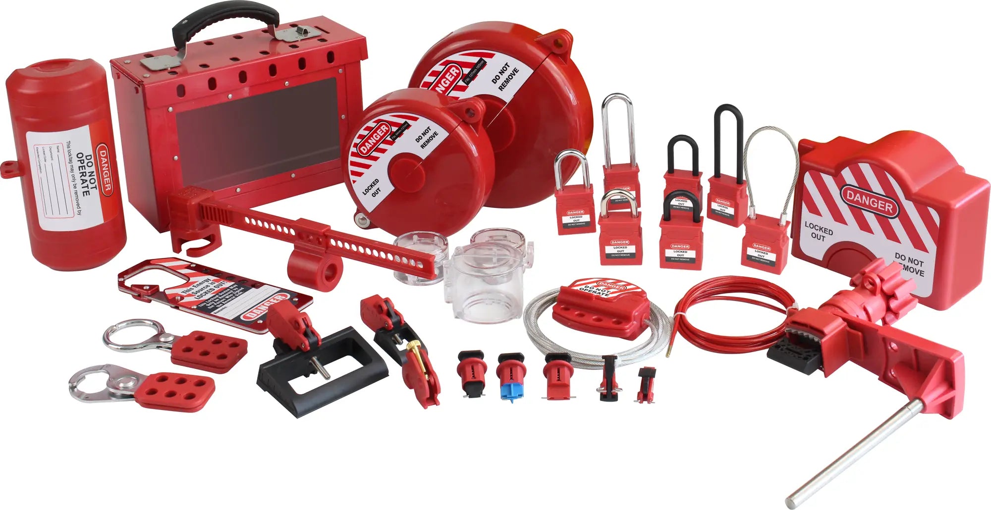 Complete custom lockout tagout kit with safety padlocks, tags, lockouts and storage