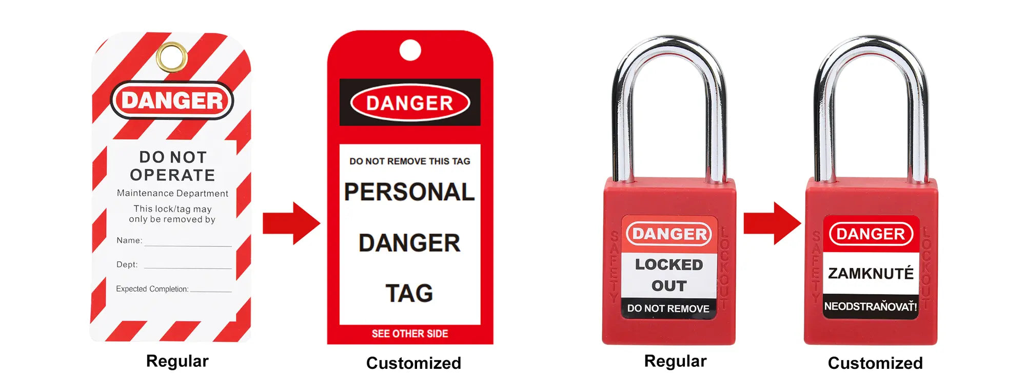 Standard and customised safety tag and padlock examples