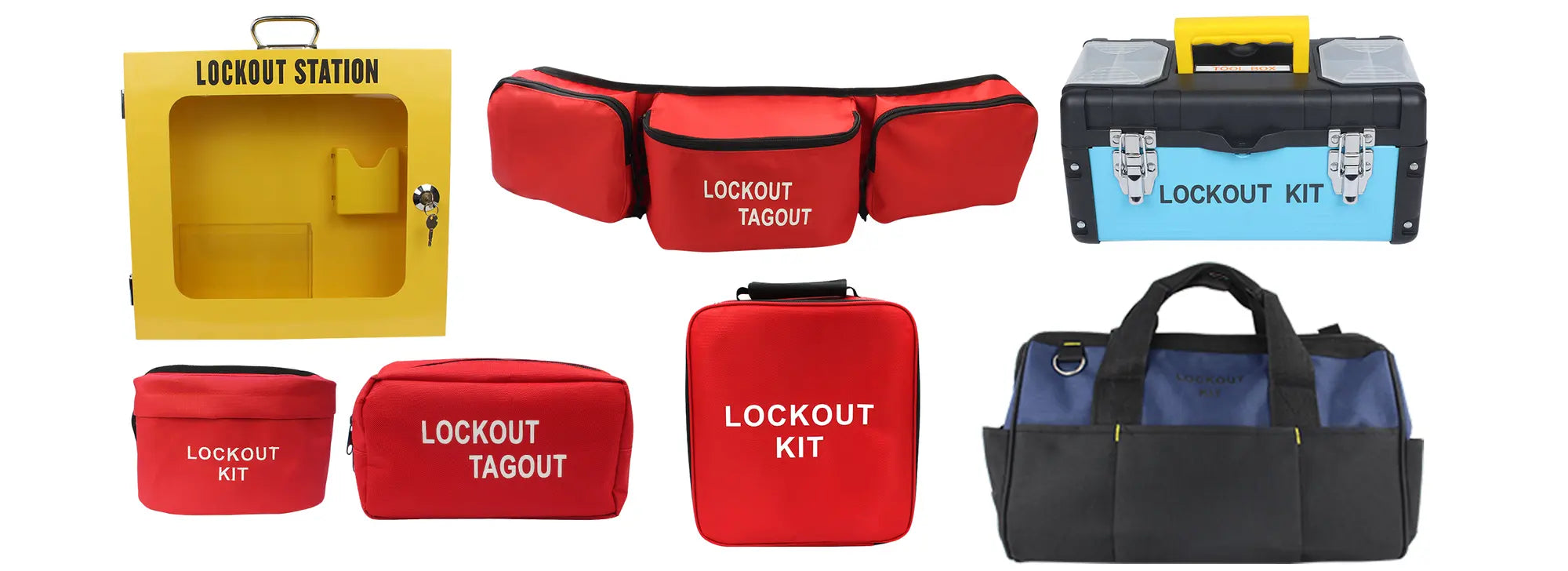 Lockout kit storage options including bags, cases, cabinet and toolbox