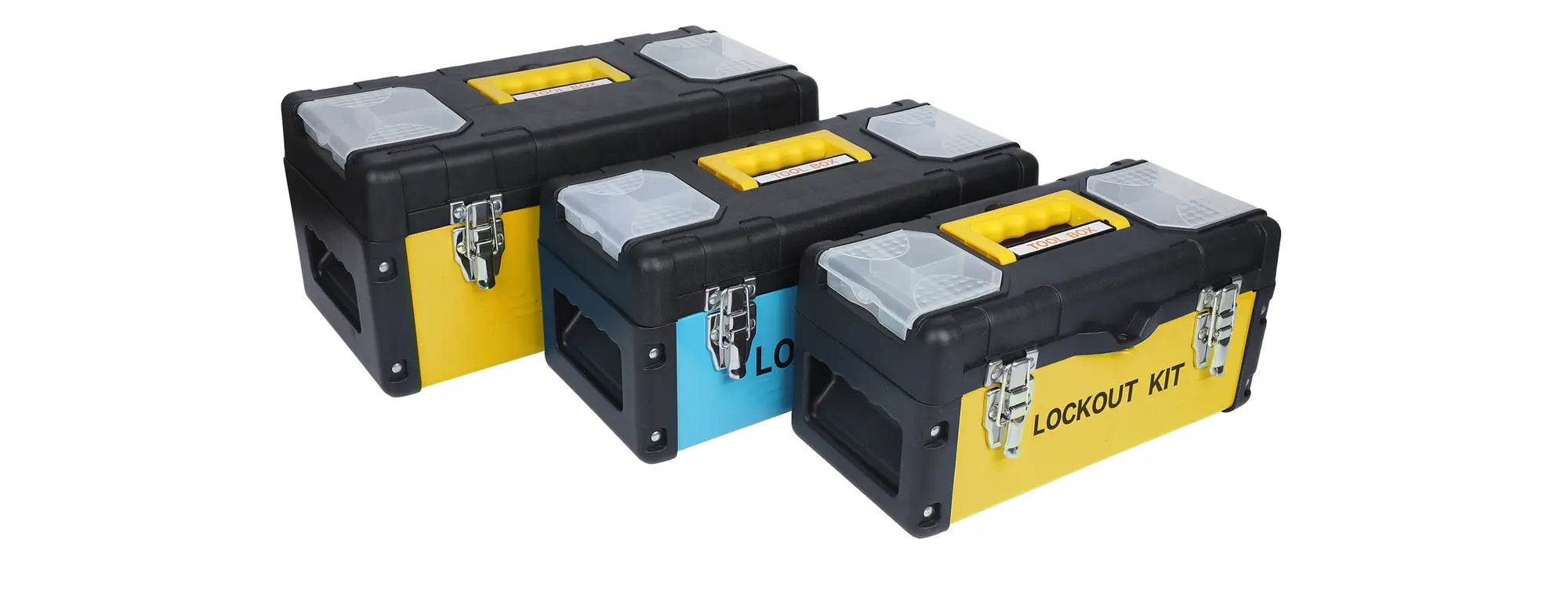 Lockout kit toolboxes available in several sizes and colours