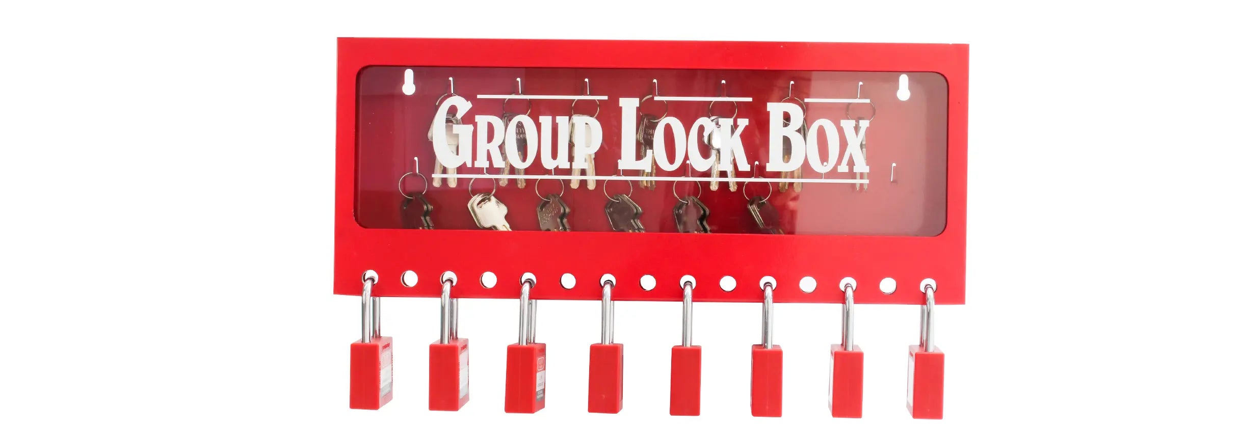 Wall mounted group lockout box with multiple safety padlock holes