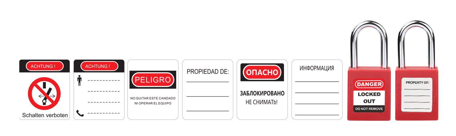 Multilingual custom safety padlock label options