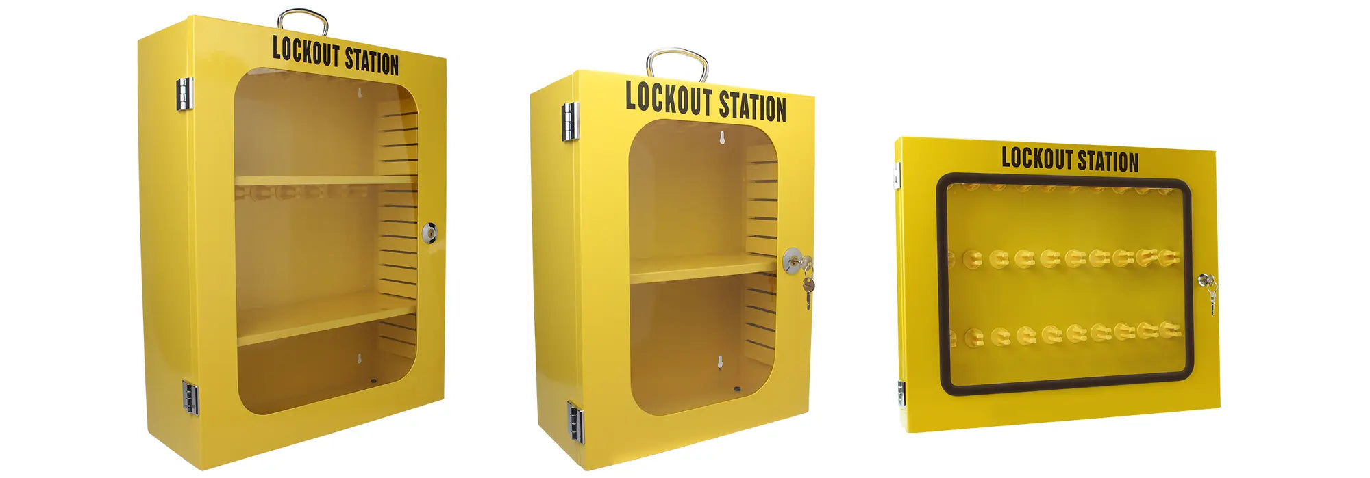 Yellow custom lockout station cabinets in three storage capacities