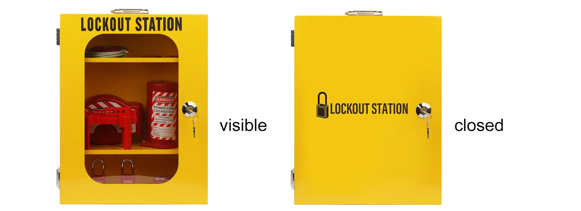 Custom lockout cabinet with transparent visible door and closed solid door