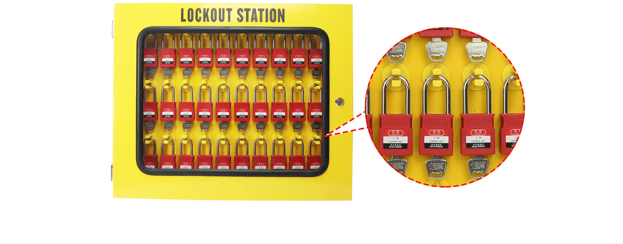 Custom lockout cabinet internal hook layout with close-up of safety padlock spacing