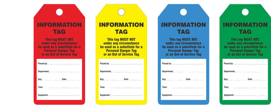 Custom safety tags in red, yellow, blue and green