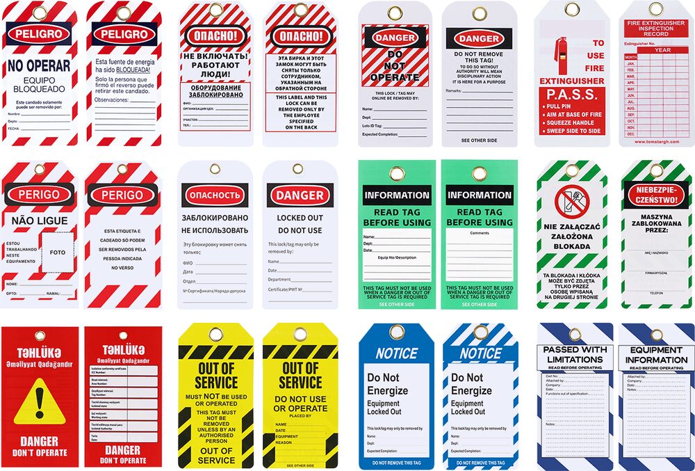 Reference cases showing customised safety tags in multiple languages