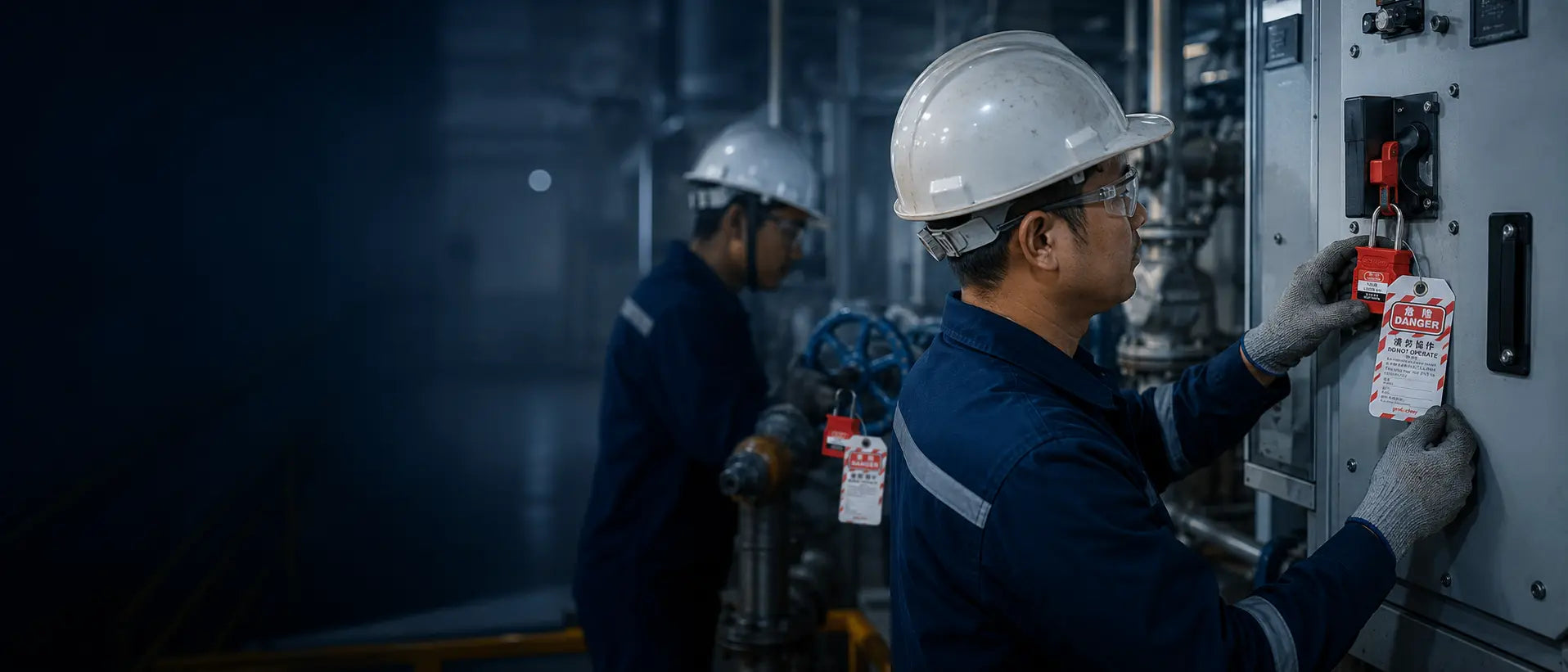 Industrial workers applying lockout tagout controls to electrical equipment